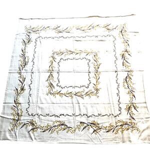 Vintage Tablecloth Cotton blend gray gold floral border print silver metallic